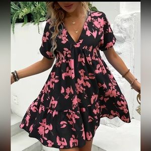 Pink and black Floral Print Batwing Sleeve Ruffle Hem Smock Dress